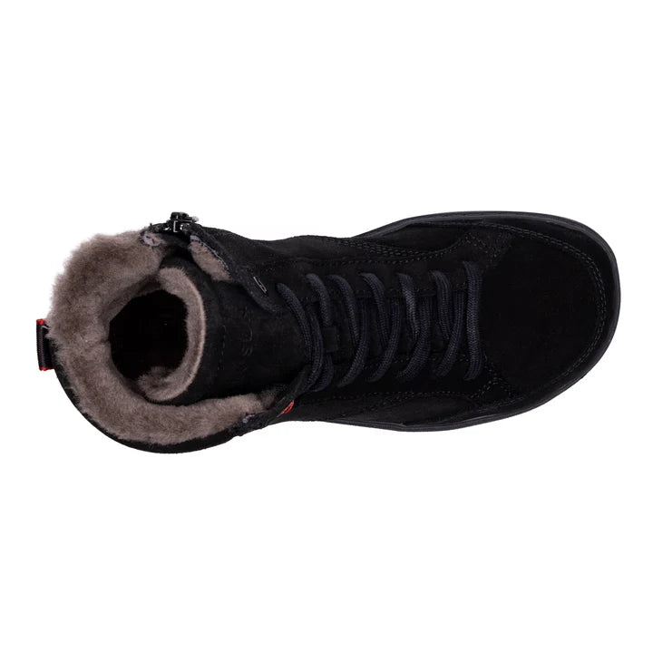 Top view of the black ankle boot, with a lined interior, laces, and a side zipper.