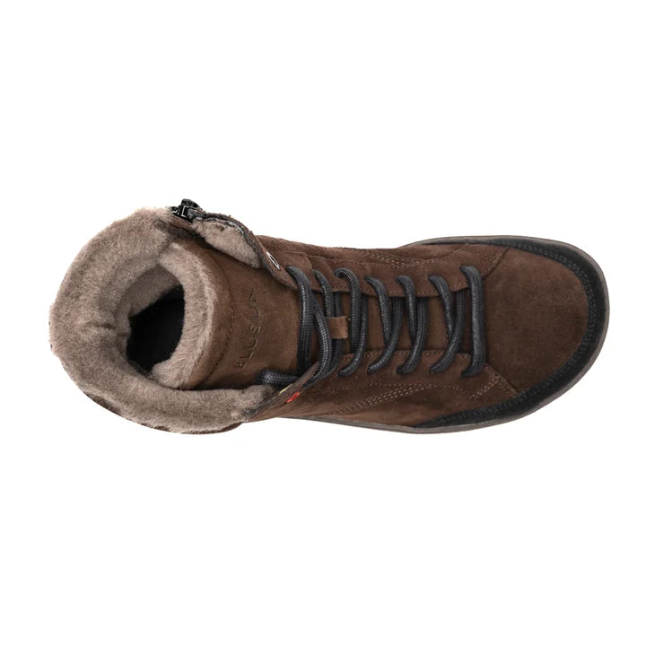 Brown ankle boot viewed from above, with a lined interior, laces, and a side zipper.