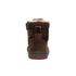 Rear view of the brown ankle boot, with a red strap and gray sole.