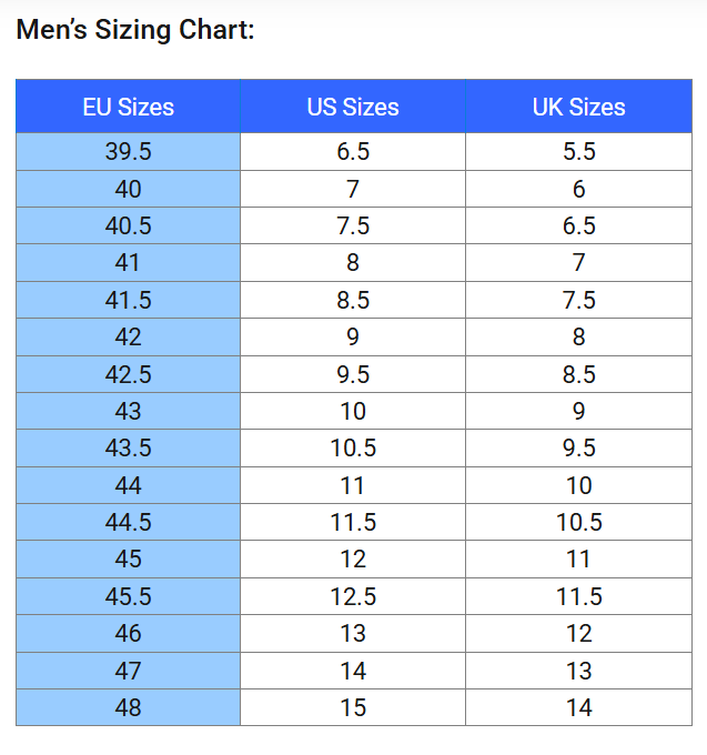 Size chart Dillon Canvas - Men