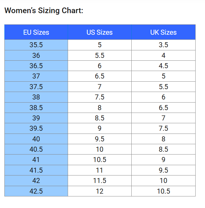 Size chart Dillon Canvas - Women
