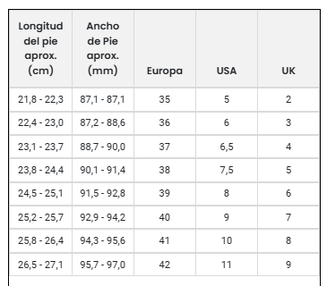 Size chart Free Aria II - 60837