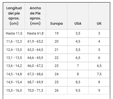 Size chart Free Baby Deportiva