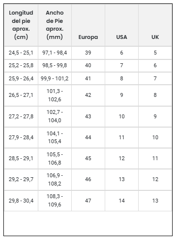 Size chart Free Miami - 84766