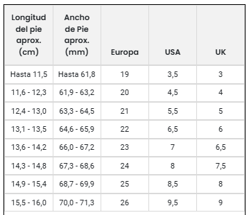 Size chart Mesh - Kids
