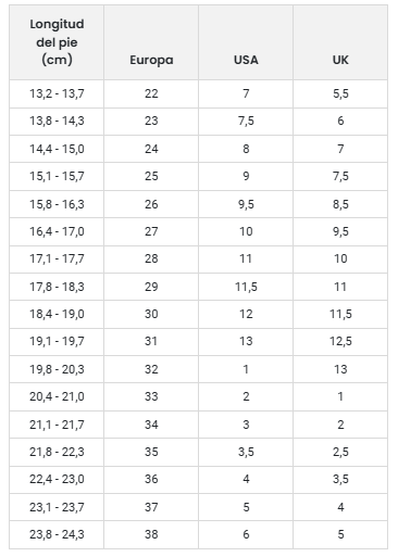Size chart Usain - Kids