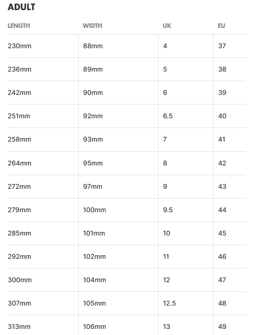 Size chart Vibe 2