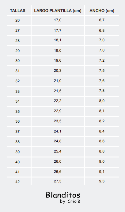 Size chart Pepito