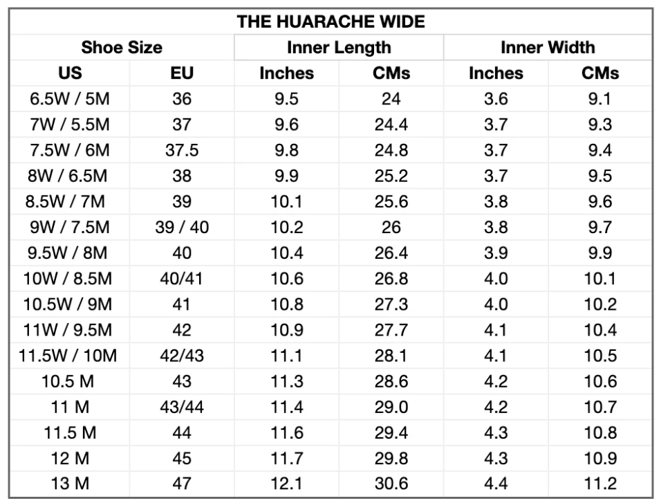 Size chart The Huarache - Wide