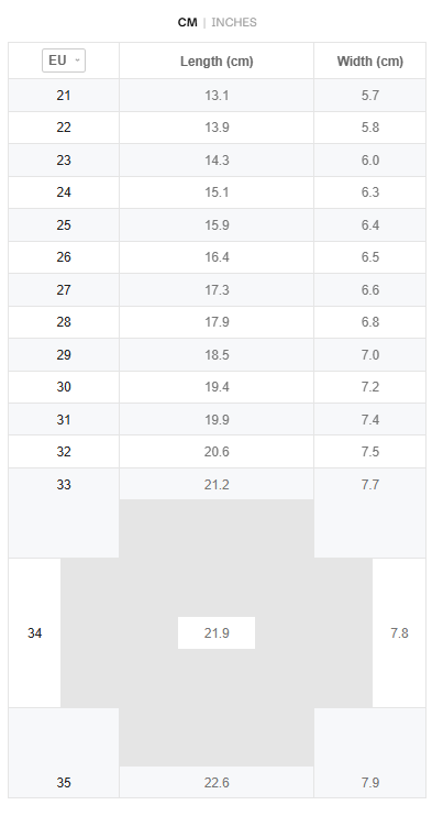 Size chart One Nylon Kids