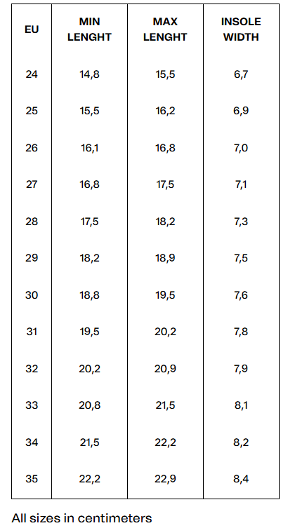 Size chart Eister