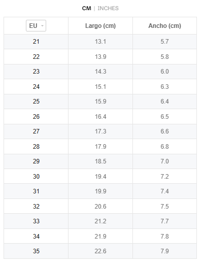 Size chart Melrose Kids