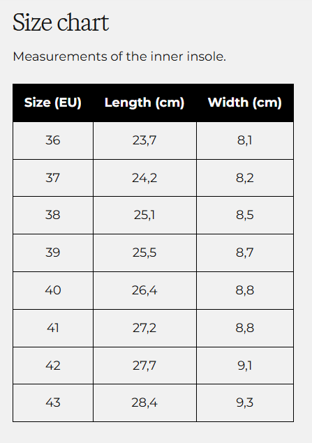 Size chart One Nylon