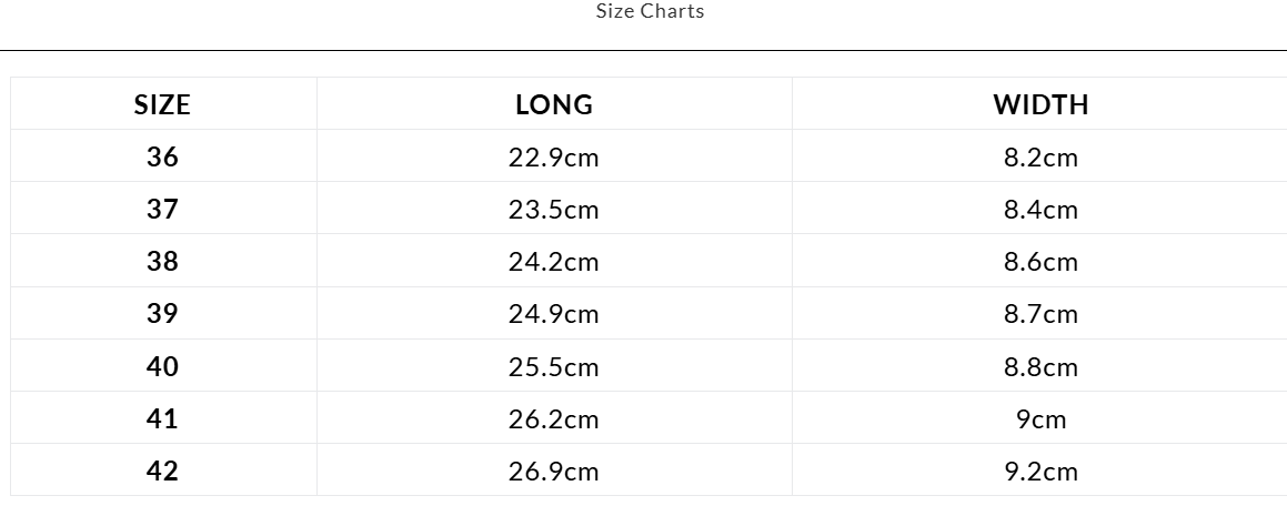 Size chart Barefoot Ballerina