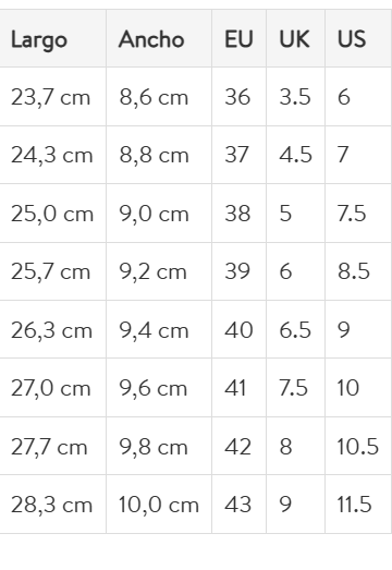 Size chart Lily 3.0