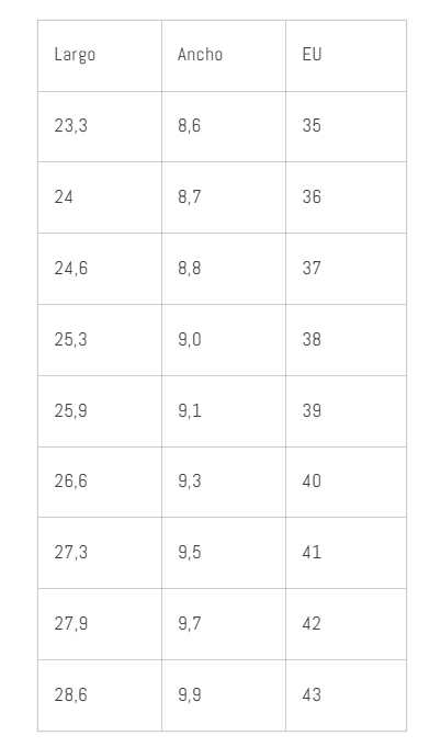 Size chart Mary Jane Campagna