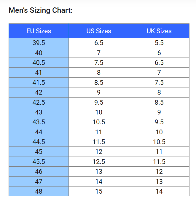 Size chart Mesa Trail II - Men