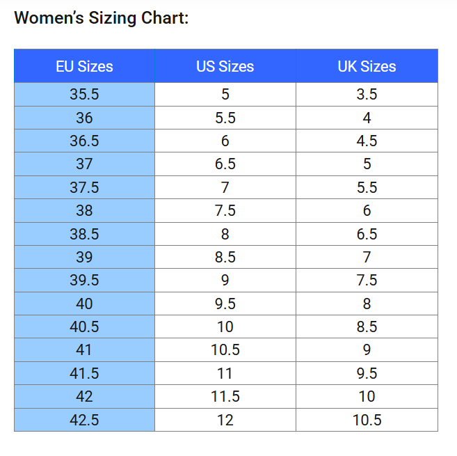 Size chart Mesa Trail II - Women