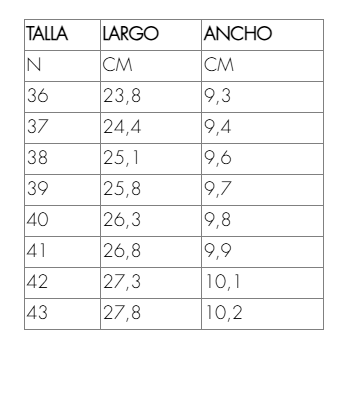 Size chart Olmo