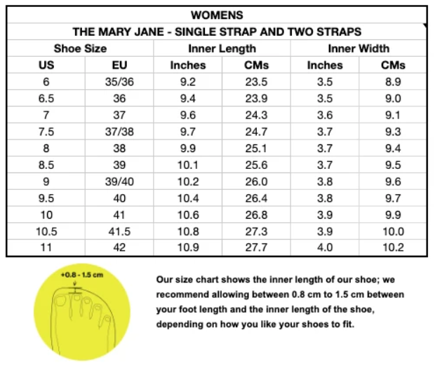 Size chart Mary Jane Two Strap