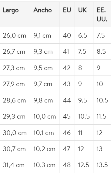 Size chart Catania