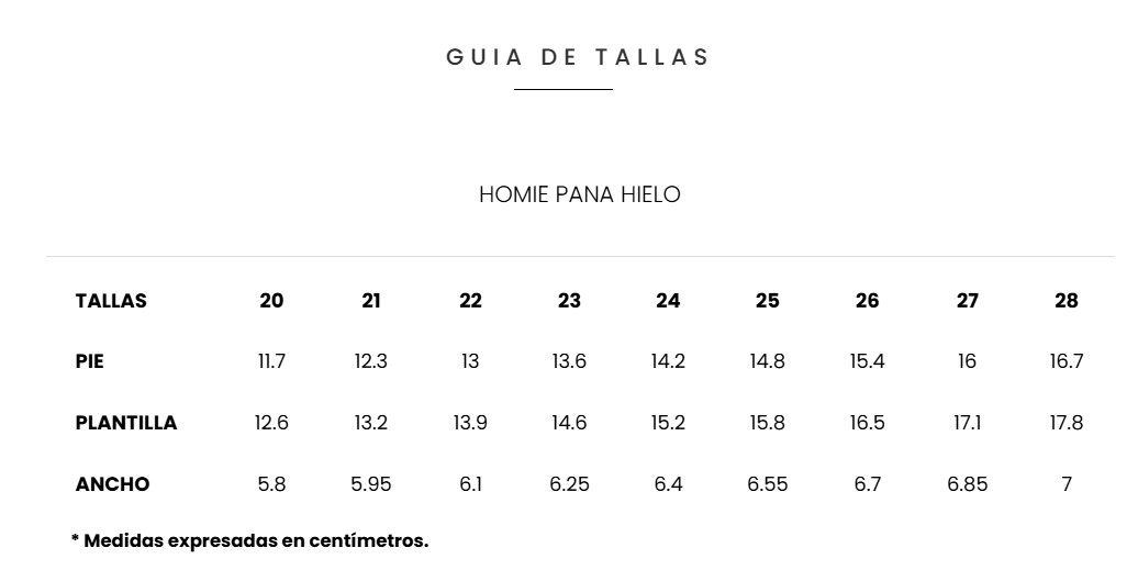 Size chart Homie pana