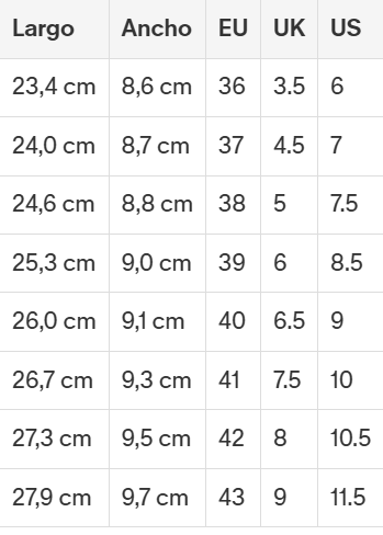 Size chart Phoenix 2.0