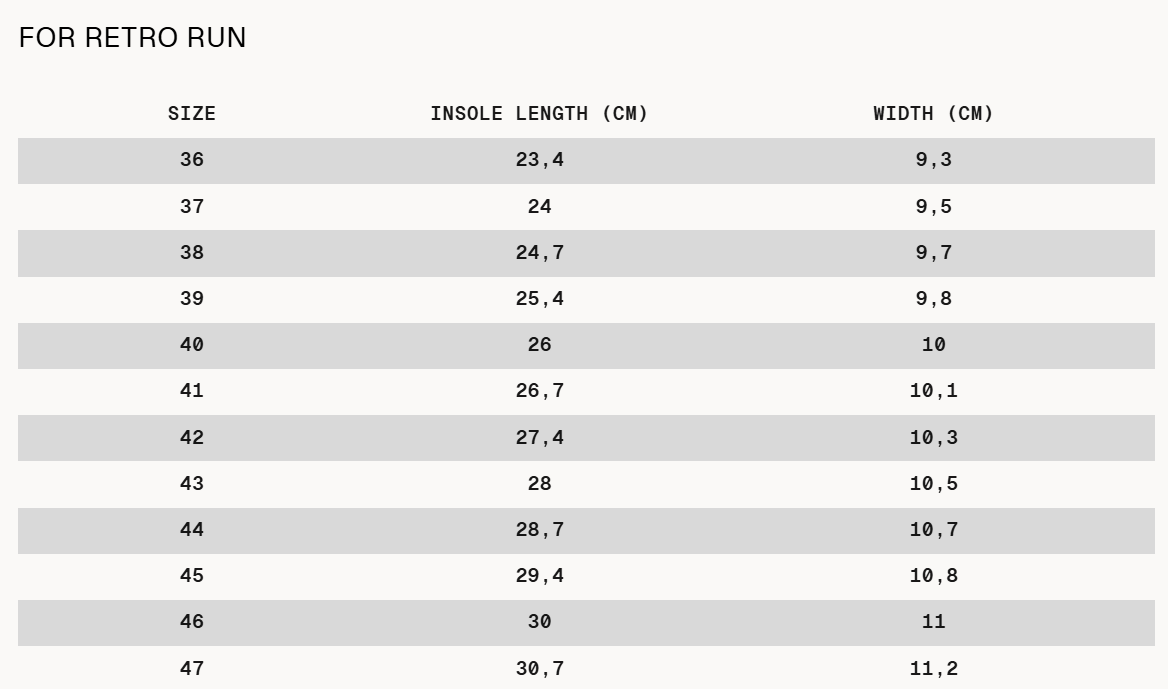 Size chart Retro Run