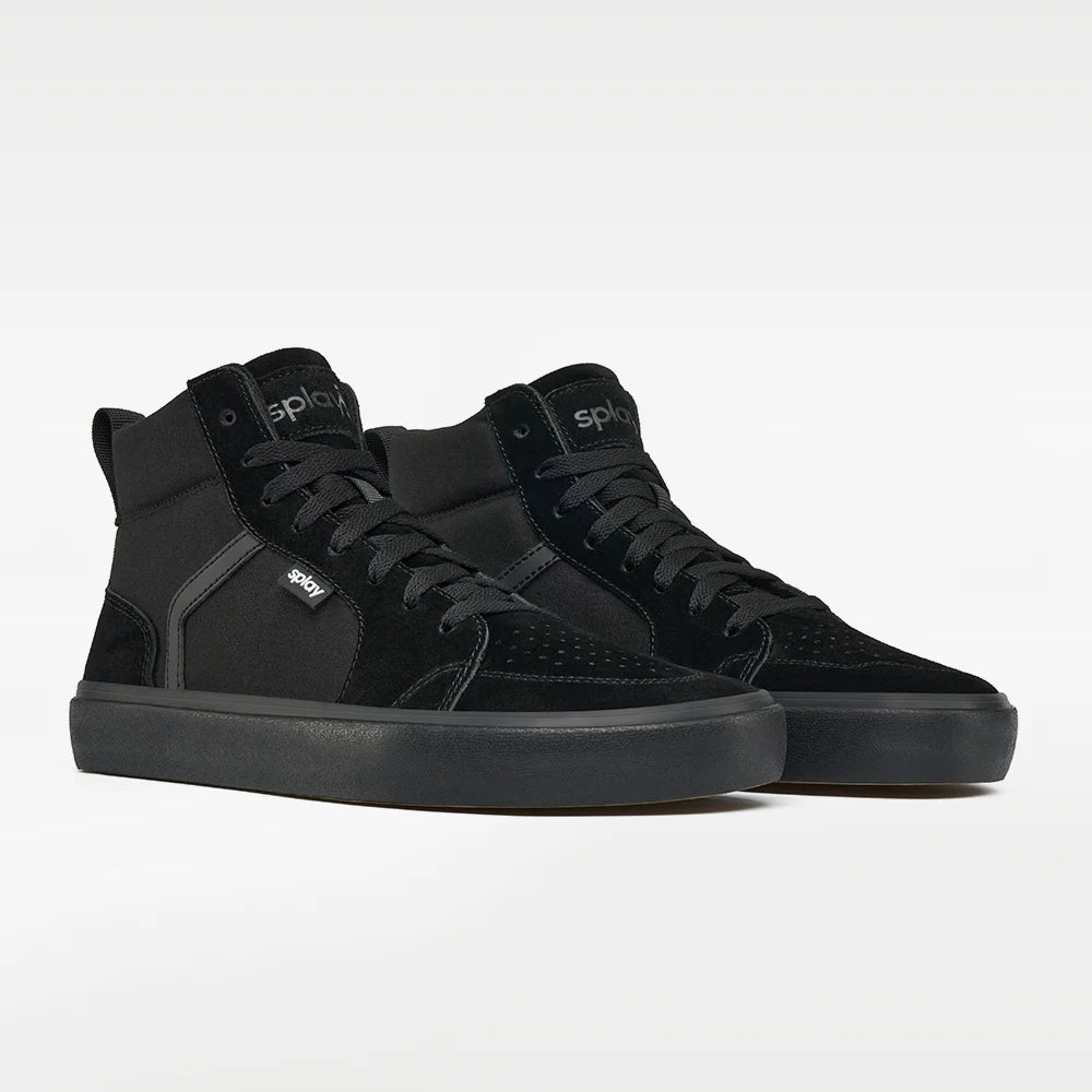 Pair of black high-top sneakers with laces, viewed from a front three-quarter angle.
