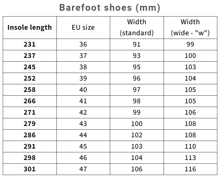 Size chart Felix