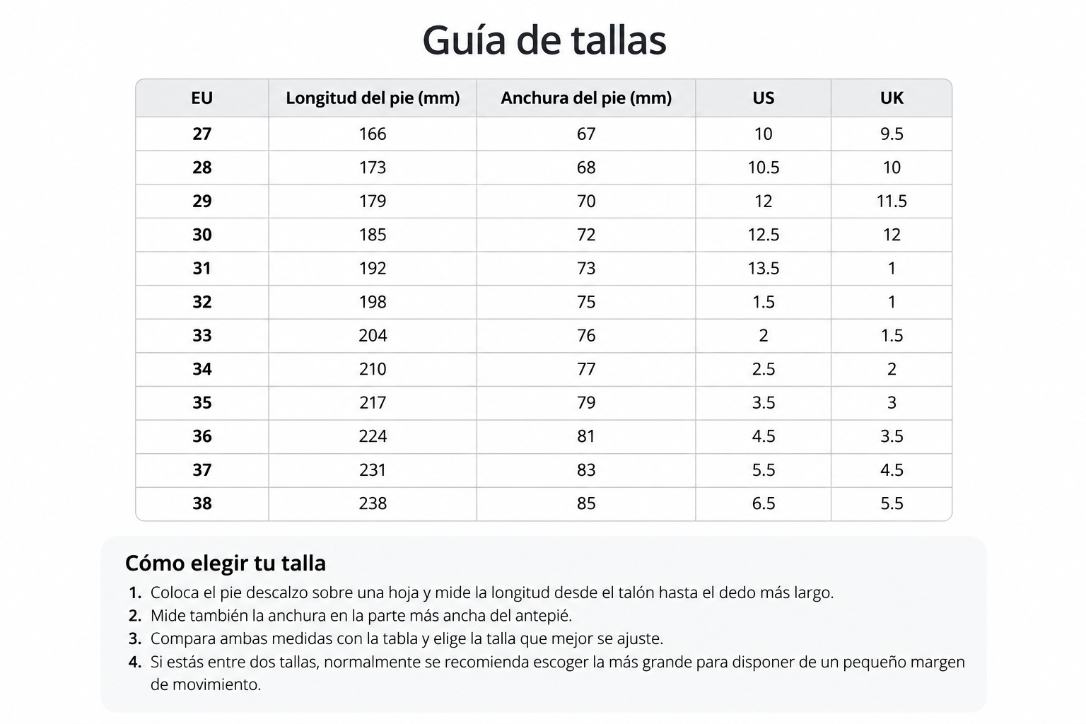 Size chart Free