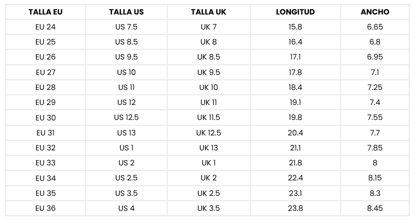 Size chart Smart I - Kids