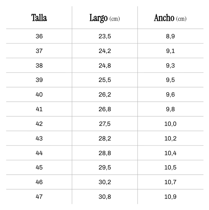 Size chart Kairos