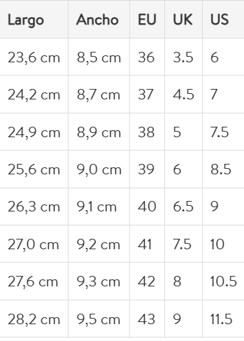 Size chart Torino