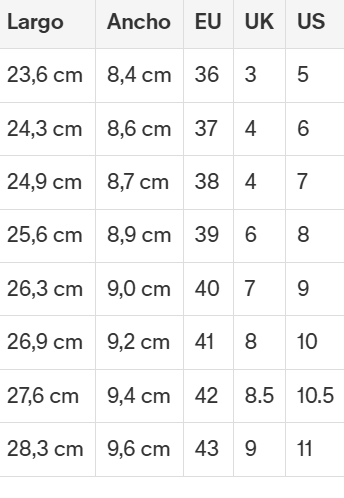 Size chart Tucson