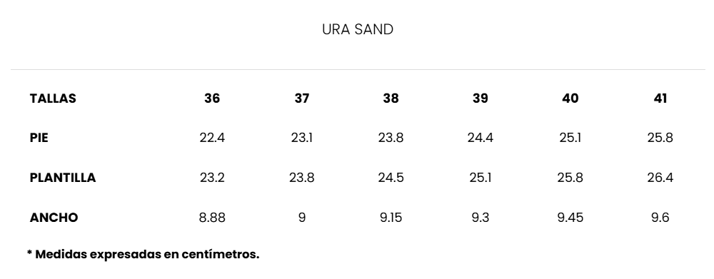 Size chart Ura