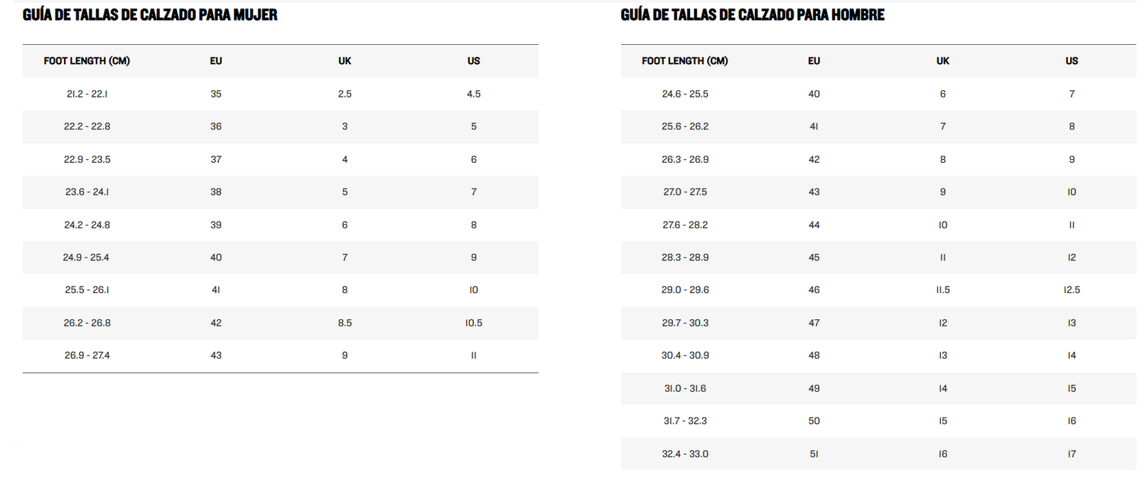 Size chart Primus Lite Knit Natural