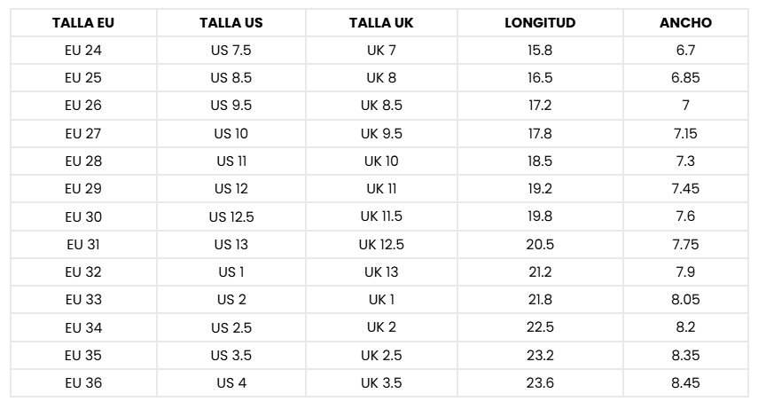 Size chart Will II Niño