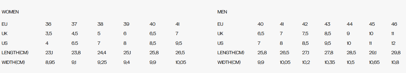 Size chart Zero Drop