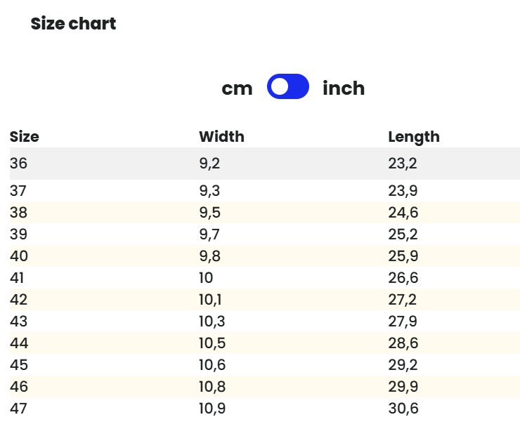 Size chart Zing Frost